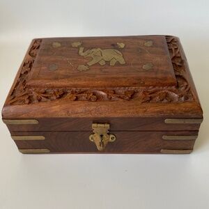 Vintage Jewelry Box Wooden with Elephant Inlay Brass Decor and 3D Florals